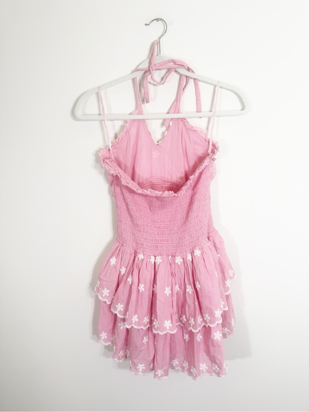 LoveShackFancy Aqua Halter Mini Dress Candy Pink Floral Embroidered XS - Picture 5 of 7